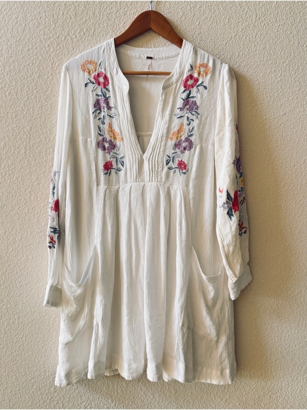 Free People White Embroidered V-Neck Dress with Multicolor Florals - Size Small